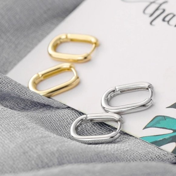 NEW Gold/Sterling Silver Oval Huggie Hoop Earrings - Picture 1 of 7